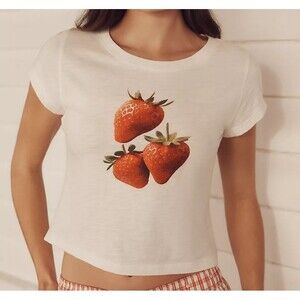 By Anthropologie Graphic Baby Tee Blouse Top Strawberry Cotton White XL 286483